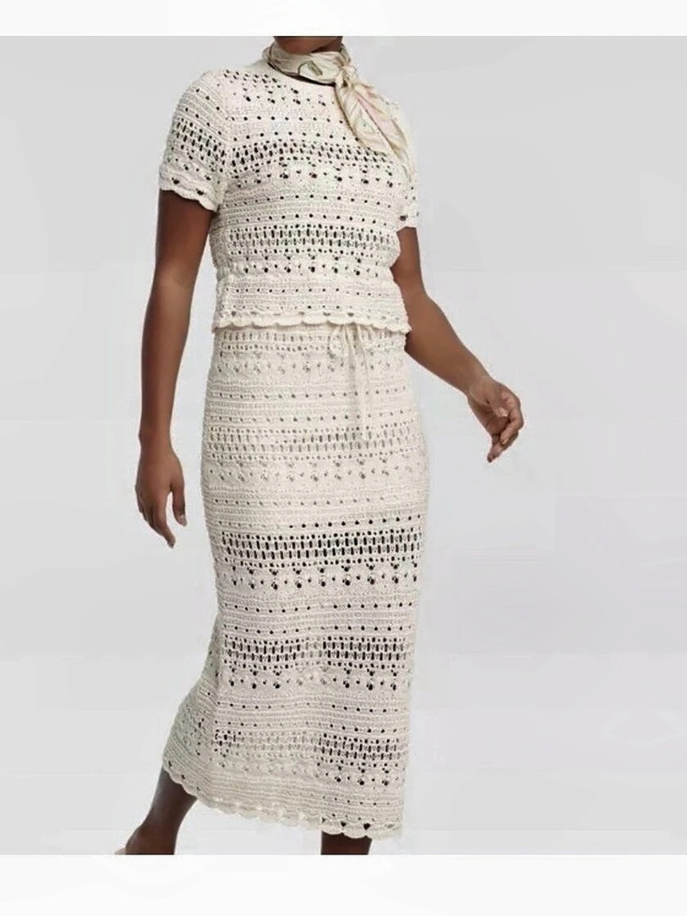 Universal Thread Matching Crochet Knit Maxi Skirt and Shirt in Cream Like New